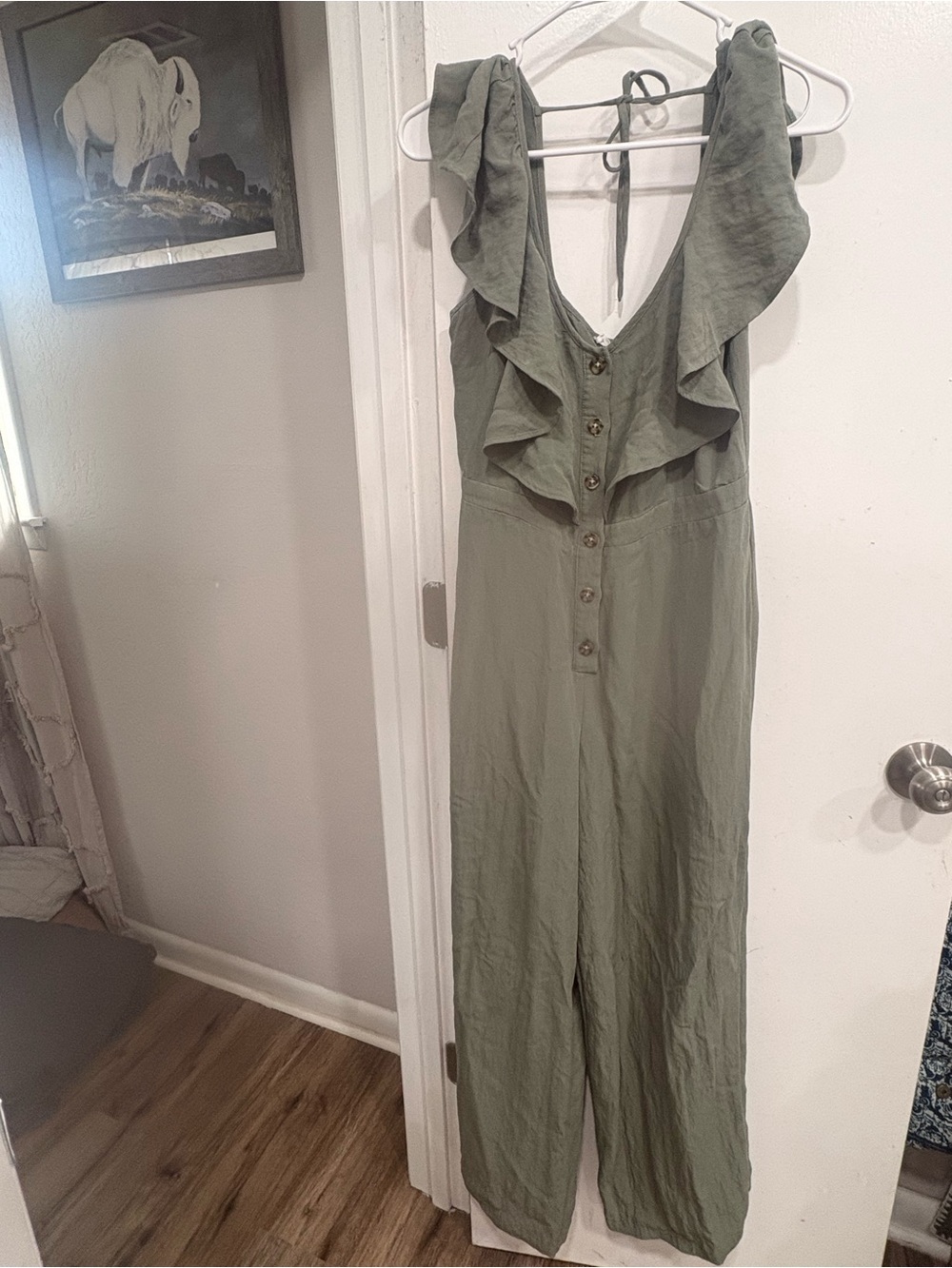 june & hudson Olive Green Ruffle Front Button Jumpsuit